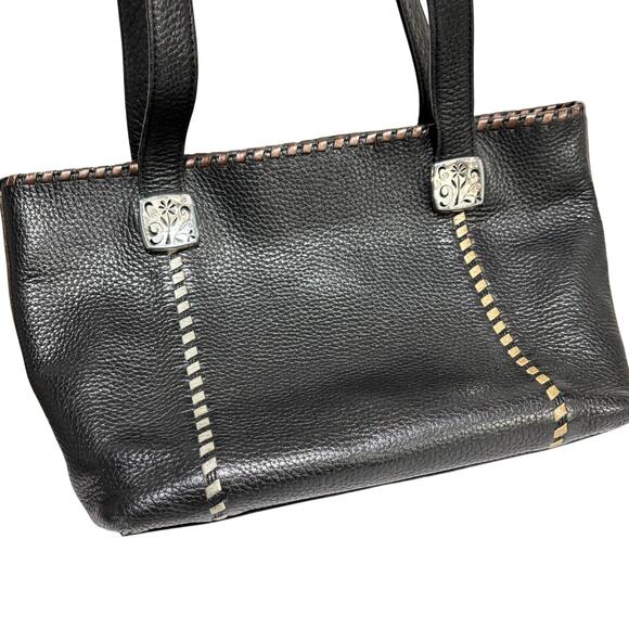 Brighton black pebbled leather shoulder bag purse gold & silver woven trim - Picture 9 of 9